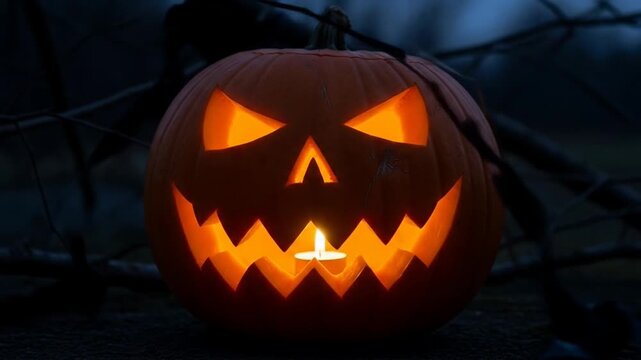 A glowing jack-o'-lantern gives an eerie Halloween vibe. - Powered by Adobe