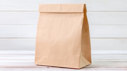 Brown paper bag on wooden table rustic simple natural eco friendly, paper bag rests on classic wooden surface background.