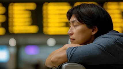 A pensive individual resting at an airport, lost in thought as they look at the departure board, symbolizing anticipation, travel, and the emotional journey of leaving home.