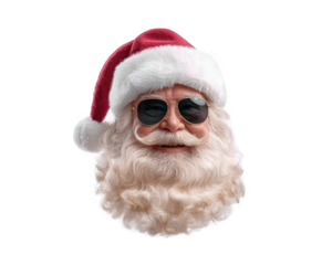 Cool Santa Claus head with big white beard, wearing red hat and smiling behind sunglasses. Fun isolated character portrait for Christmas holiday season