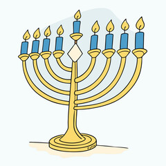Golden menorah with nine lit candles illustration