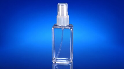 Empty clear bottle white cap minimalist blue background.