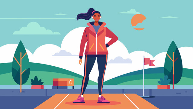 A woman in a red jacket stands on a road in front of a tree. She is wearing headphones and she is focused on her workout. The scene is set in a park, with a few trees in the background