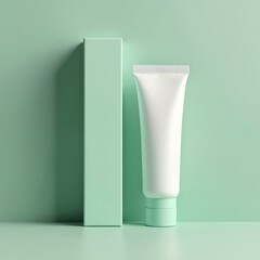 White cosmetic tube and mint green box mockup on soft mint background. Blank packaging for cream, lotion, or gel. Minimalist product display for beauty.