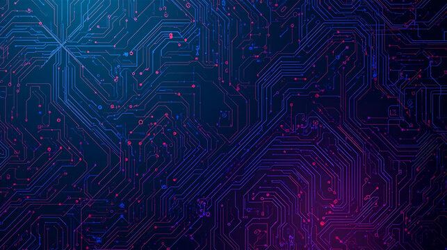 Abstract digital circuit board pattern with glowing blue and purple lines and red data points, representing technology and connectivity.