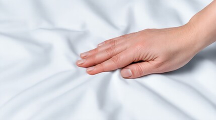 A hand gently resting on soft, white fabric, conveying a sense of comfort and tranquility.