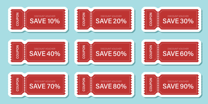 Gift voucher sticker icon set in flat style. Discount vector illustration on isolated background. Promotion coupon sign business concept.