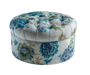 Round upholstered ottoman with blue and green floral pattern, tufted top, isolated on transparent background