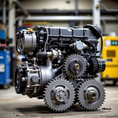 Fototapeta premium Industrial Engine with Gears Workshop Setting