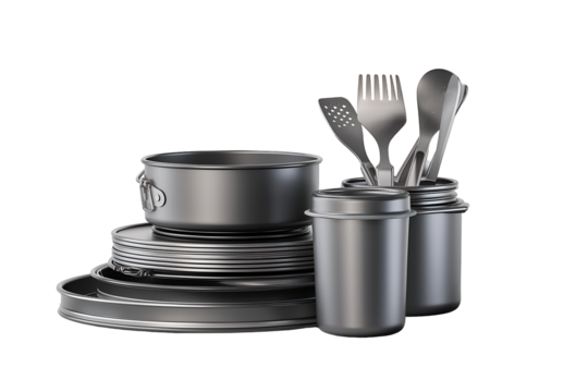 Camping cookware set ready for outdoor adventures featuring metal utensils and storage containers