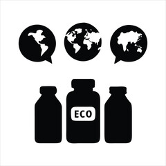 Global eco friendly products concept with earth icons and bottles