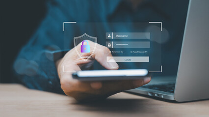 Person uses a smartphone for a secure login process, displaying a username, password, and a shield with a padlock. Data protection, and digital authentication for online access and privacy.