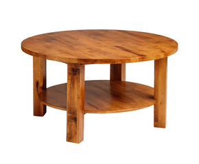 Round wooden coffee table with a lower shelf and four sturdy legs isolated on transparent background