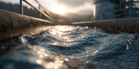 Water flows within a concrete structure. Sunlit water reflects sky, with industrial elements in background