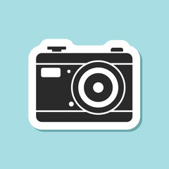 Photo camera sticker icon in flat style. Photography equipment vector illustration on isolated background. Professional photographic sign business concept.