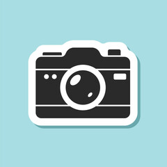 Photo camera sticker icon in flat style. Photography equipment vector illustration on isolated background. Professional photographic sign business concept.