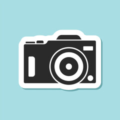 Photo camera sticker icon in flat style. Photography equipment vector illustration on isolated background. Professional photographic sign business concept.