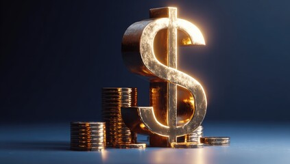 A golden dollar sign beside stacks of gold coins, against a dark blue backdrop