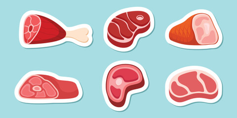 Raw meat sticker icon set collection in flat style. Lamb or beef vector illustration on isolated background. Fried protein meal sign business concept.