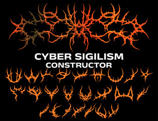 Cyber sigilism constructor, Set of various vector cyber sigilism design elements