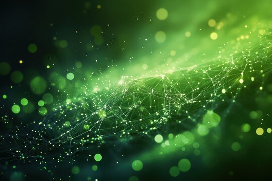 Abstract green background with luminous dots and connected lines illustrating a digital network