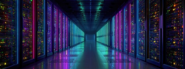 A hallway of glowing server racks, illuminated by vibrant neon lights, creates a futuristic tech aesthetic