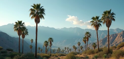 Obraz premium Palm trees stand tall against hazy mountains in this desert landscape. Lush green vegetation and arid terrain mix under a clear blue sky. Iconic California scenery unfolds.