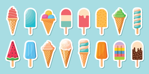Ice cream sticker icon set collection in flat style. Tasty dessert vector illustration on isolated background. Sweet eating sign business concept.