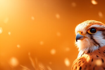 A stunning close-up of a hawk against a warm orange backdrop, highlighting its striking features and sharp gaze.
