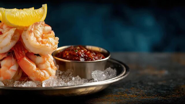 A visually appealing shrimp cocktail arranged on ice, garnished with lemon wedges, served alongside a bowl of zesty dipping sauce for a delightful dining experience.