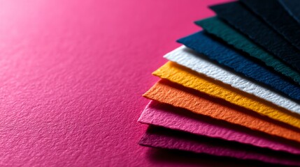 A vibrant collection of textured paper swatches arranged artistically over a bold pink background.