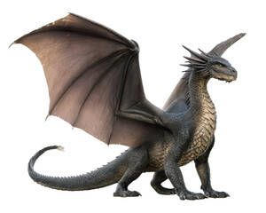 Fototapeta premium Majestic black stone dragon, powerful fantasy mythical creature. Isolated character in side view pose, legendary beast with an ancient, noble expression