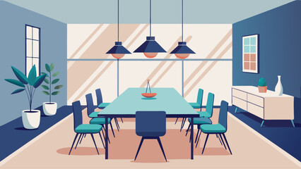 A blue and white room with a large table and many chairs. The table is surrounded by potted plants and a vase. The room has a modern and clean look