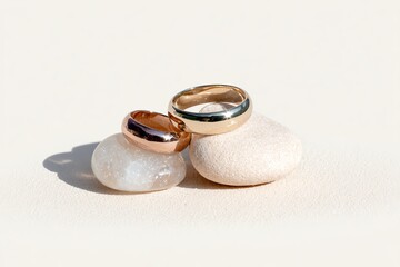Elegant wedding rings resting on smooth stones, symbolizing love and commitment in a serene setting.
