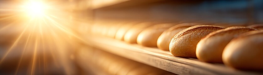 Freshly baked bread loaves lined up, illuminated by warm sunlight, showcasing golden crusts and inviting textures.