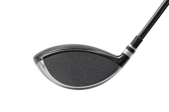 Sleek modern golf club driver head detail promoting accuracy and power for improved game play