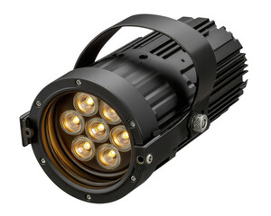 Black stage spotlight with warm yellow glow. This professional LED light equipment for studio or concert sits isolated, creating vibrant and energetic mood