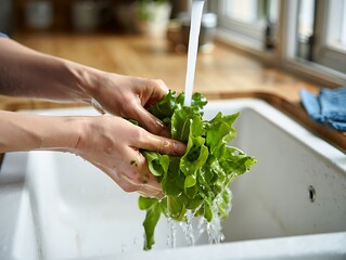 Hands washing fresh green leafy vegetables under running water in a kitchen sink