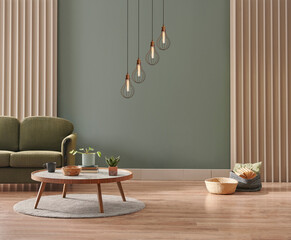 Green living room wall background with grey decorative chair, lamp frame middle table and poster...