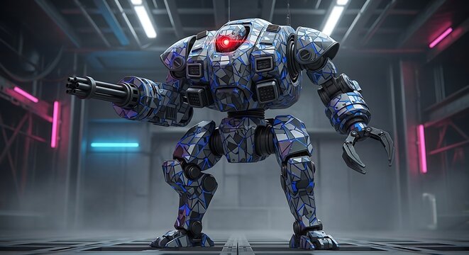 Massive armored combat mech poised for battle in a futuristic hangar.