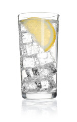 Refreshing water with lemon and ice in glass isolated on white