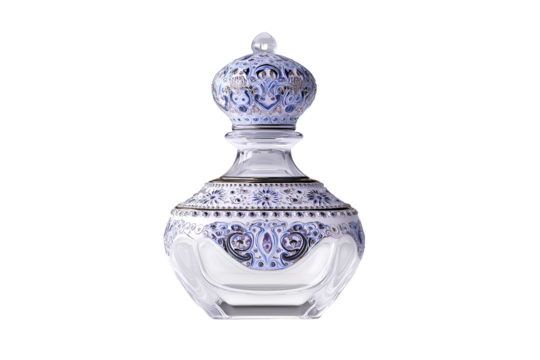 Exquisite crystal perfume bottle with intricate silver and blue floral detailing for luxury brands - Powered by Adobe