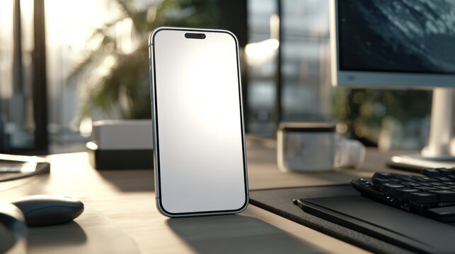 Smartphone with blank screen on desk near gaming gear in warm natural lighting.