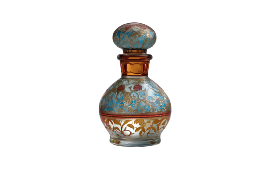 Elegant antique perfume bottle, adorned with exquisite floral and swirling gold leaf design - Powered by Adobe