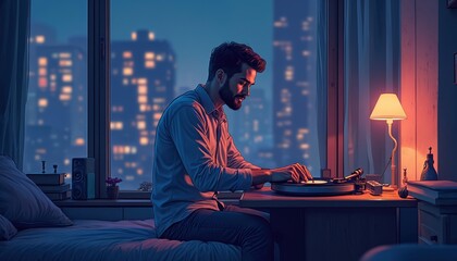 Man enjoys vinyl music in modern loft apartment at night. City lights glow outside the window. Person relaxes indoors with sound system, calm ambience.