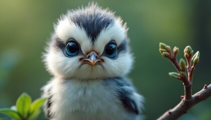 Portrait of little bird on branch with green leaves. Close up shows its blue eyes and fluffy plumage. Cute small bird in nature with yellow beak looks adorable.
