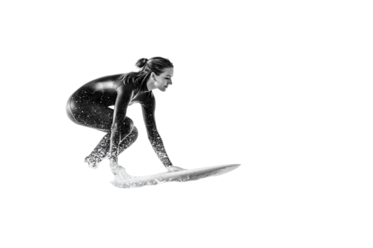 Graceful surfer poised on board, ready for the waves, embodying strength and determination in action - Powered by Adobe