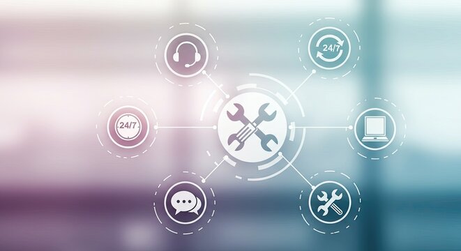 Dynamic interconnected service icons representing 24/7 support with communication, IT, and repair solutions for modern businesses