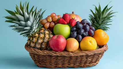 Abundant assortment of fresh fruit in rustic wicker basket. healthy, colorful variety shows pineapple, apple, grape, strawberry, and orange against blue background