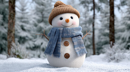 Cute, happy snowman character wearing knit hat and blue scarf stands in winter snow forest. This joyful figure with carrot nose provides festive holiday feeling